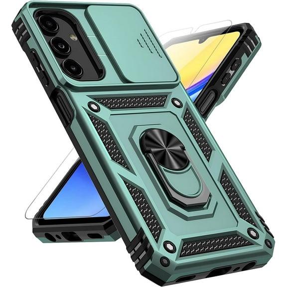 for Samsung Galaxy A15 5G Case with Slide Camera Cover HD Screen Protector [Military Grade 16ft. Drop Tested] Magnetic Ring Holder Kickstand Protective Phone Case for Galaxy A15 5G 2024, Dark Green