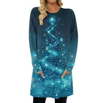 Christmas Outfit for Women Long Sleeve Loose Fit Tunic Tops with 2 Pockets Crewneck Xmas Printed T-shirts (S, Blue)