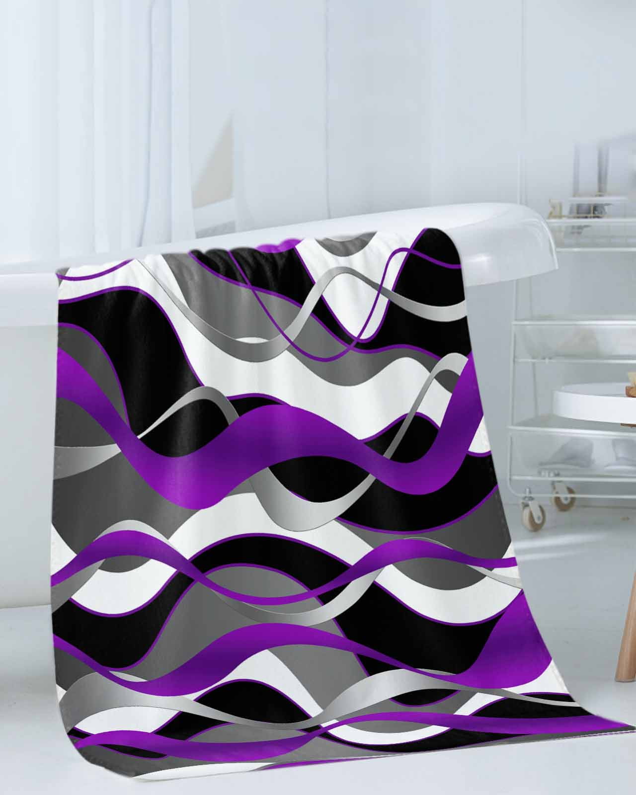 Purple Stripe Bath Towels for Bathroom Set,Luxury Microfiber Towels Gifts for Women,Beach Kitchen Hand Hair Face Towel and Dish Washcloth,Black Grey White Gradient Striped Geometric Towels+Set