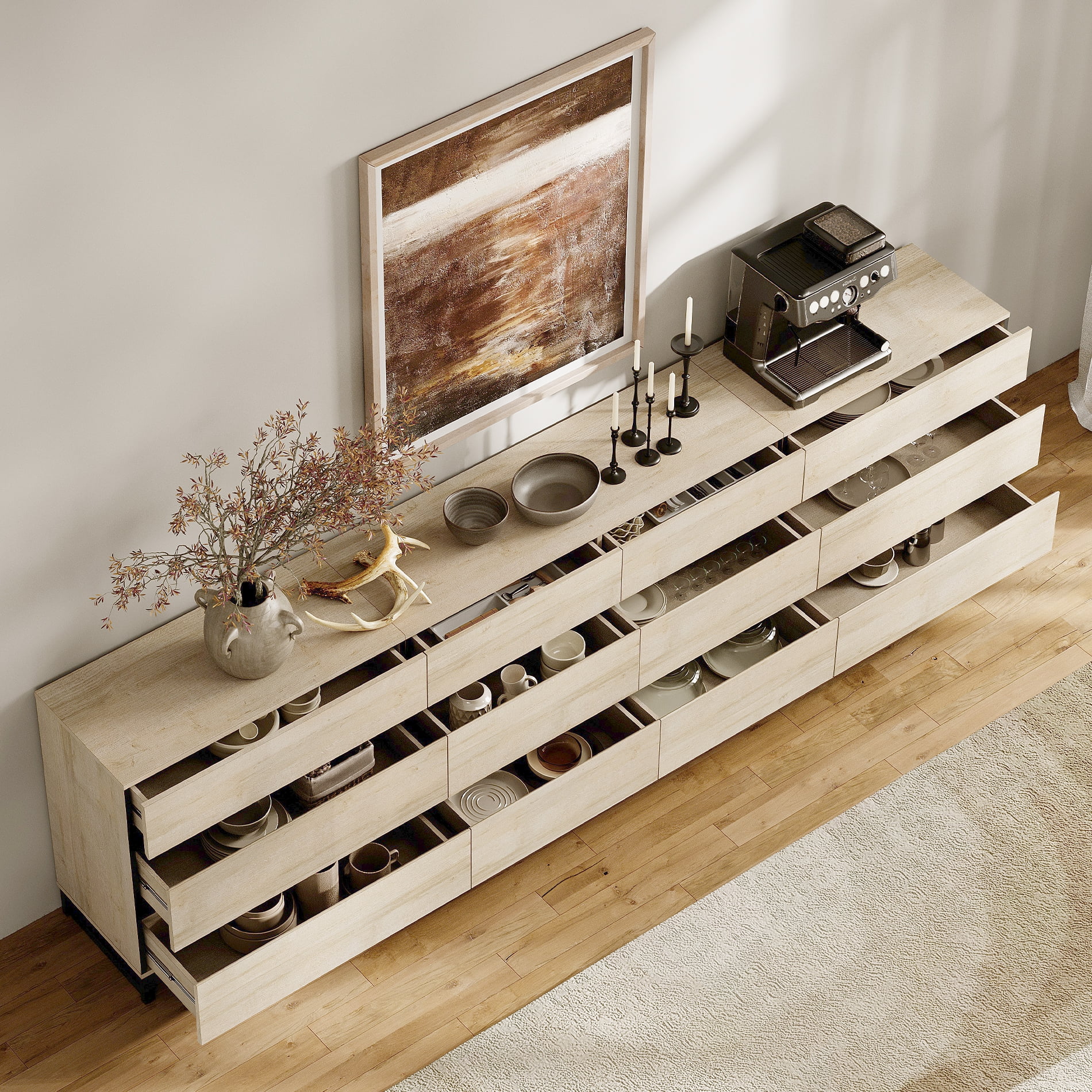 WAMPAT 3-in-1 Modern Wood Dresser, 12 Drawers & Metal Base, Closet Storage Organizer for Bedroom,Beige