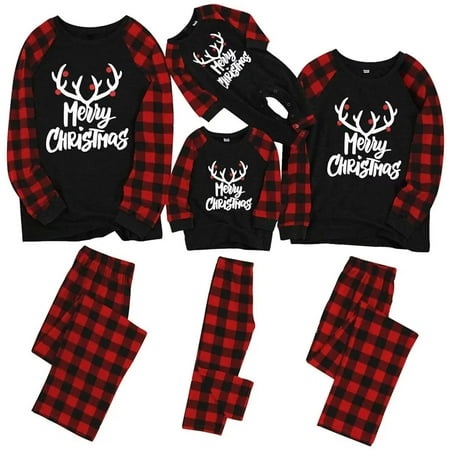 

Matching Family Pajama Set Christmas Pajamas with Letters and Check Print Long Sleeve T-Shirts and Bottoms Homewear