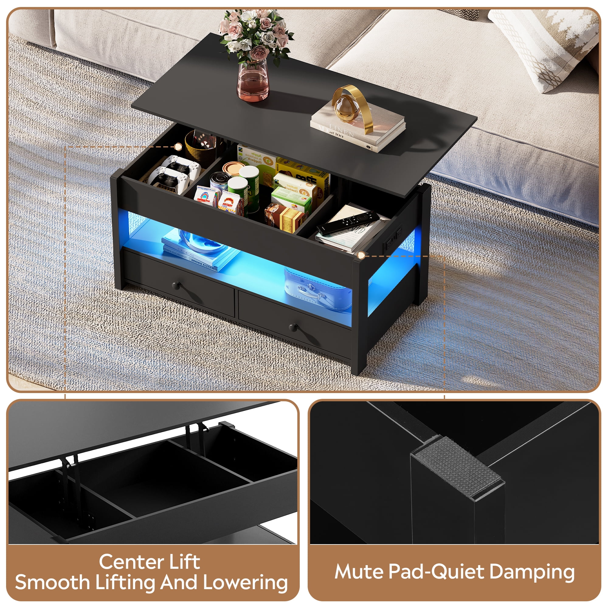GALAXHERO Lift Top Coffee Table for Living Room Table with 2 Drawers & LED Light & Large Storage and Open Shelf Black
