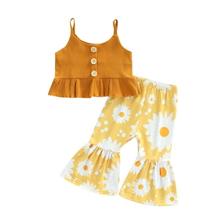 

CenturyX Newborn Baby Girls Summer 2Pcs Outfits Set Ruffle Hem Ribbed Camisole Daisy Print Flared Pants Yellow 3-4 Years