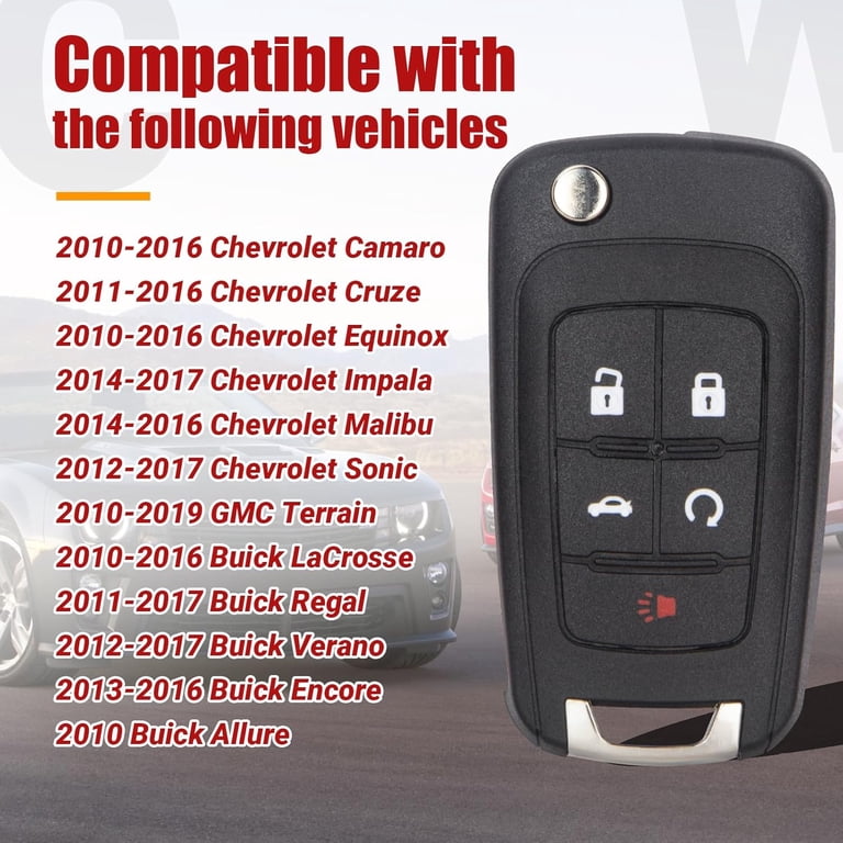 5-Button Flip Key Fob Remote Replacement For Chevy Equinox, Camaro, Cruze, Malibu, GMC Terrain (2010-2019)