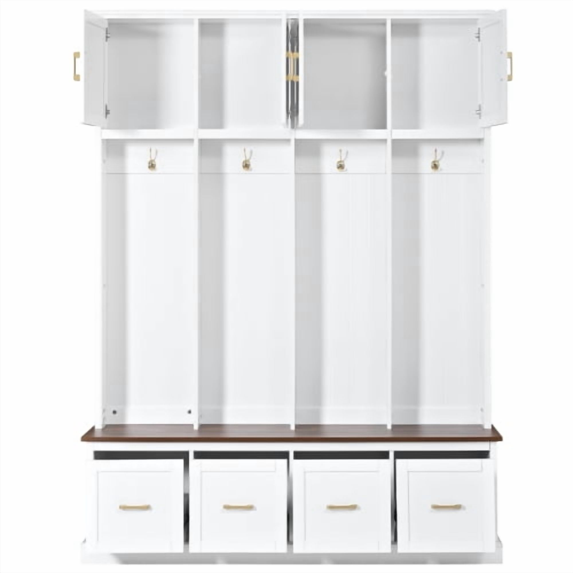 U-Can Farmhouse Entryway Hall Tree with Coat Hooks, Cabinets and Drawers, with Wood Accents and Gold Hardware, White