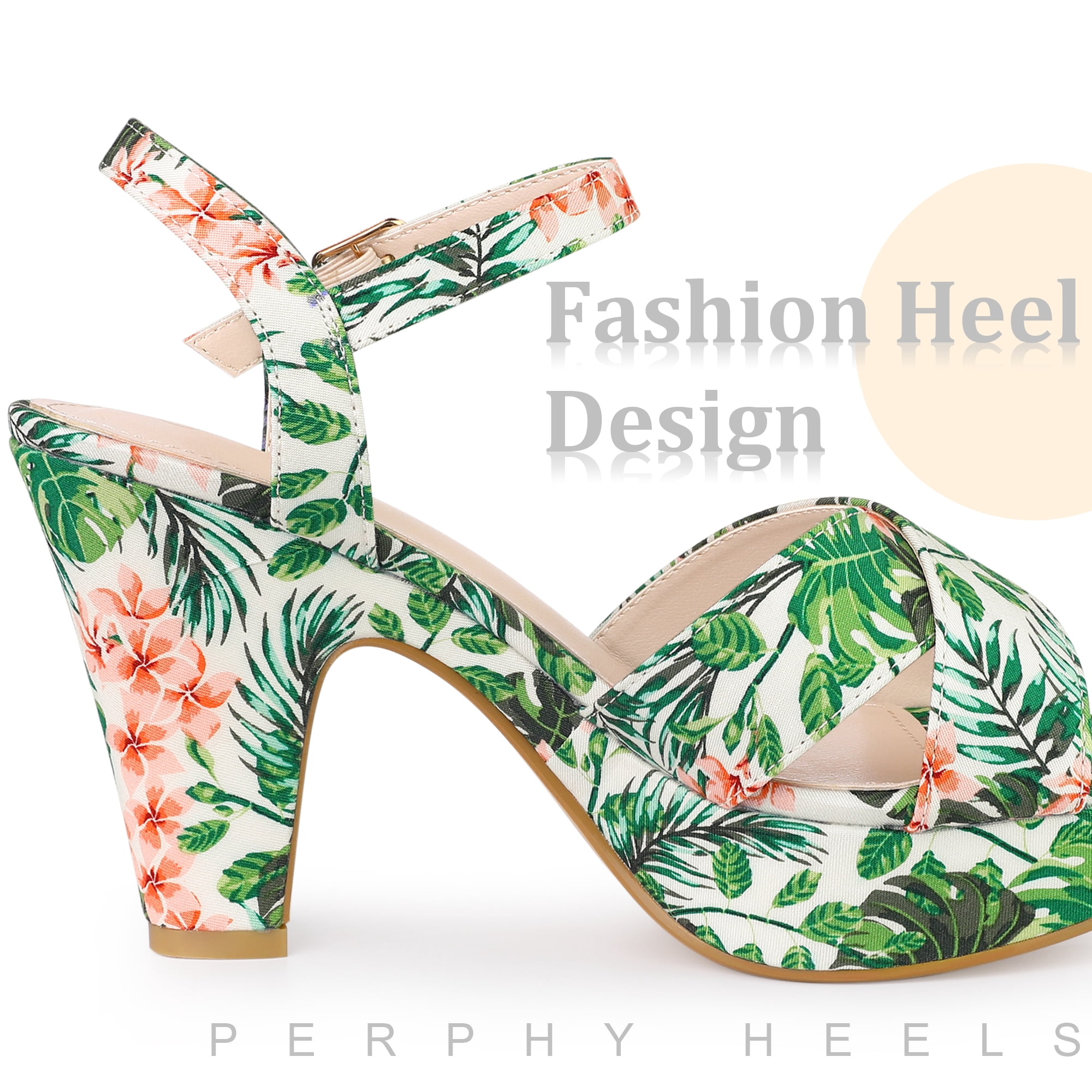 DARING DIVA Women's Floral Print Platform Block Heels SandalsGreen 10