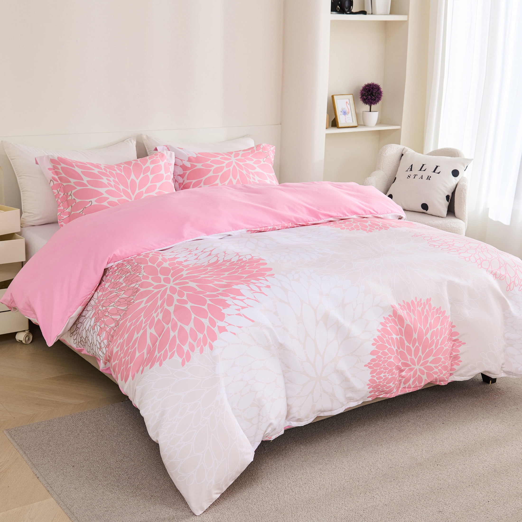 Koniroom 3 Pieces Pink Duvet Cover Full Size, Beige Reversible Floral Duvet Cover Full With Cute Flowers for Women Teen Girls