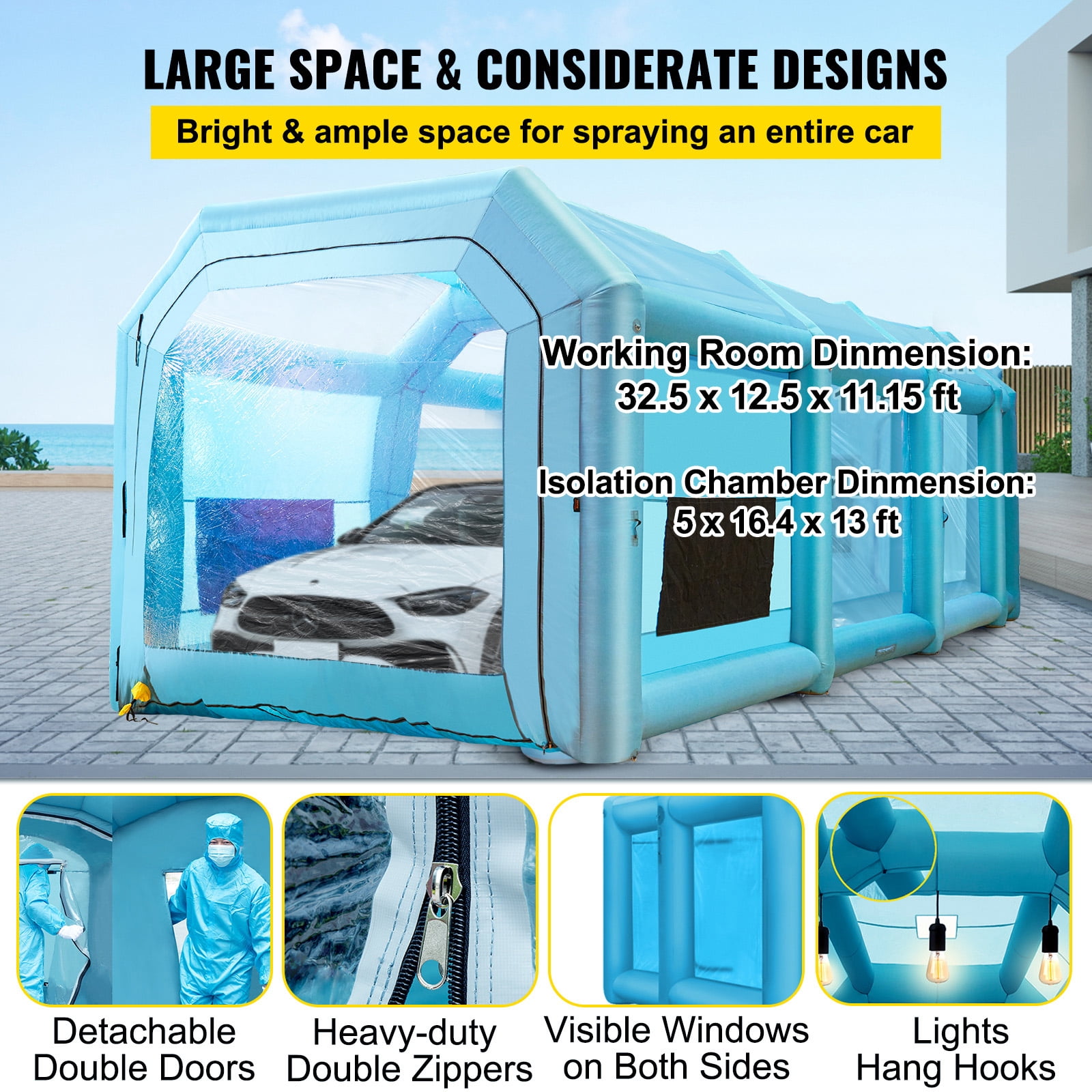 VEVOR Inflatable Paint Booth, 39.4x16.4x13.1 ft Spray Paint Booth, with 2 Powerful Blowers, Inflatable Spray Booth with Air Filter System, Car Paint Booth for Car Parking Tent Workstation, Blue