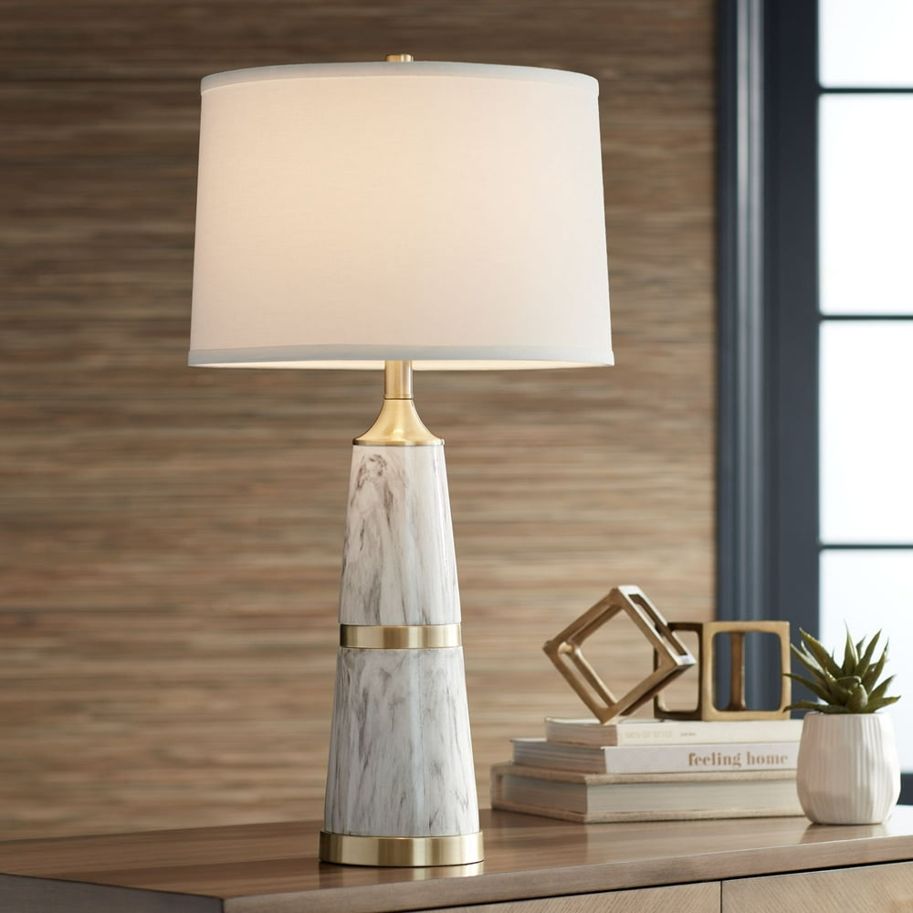 Possini Euro Design Modern Table Lamp White Faux Marble White Drum