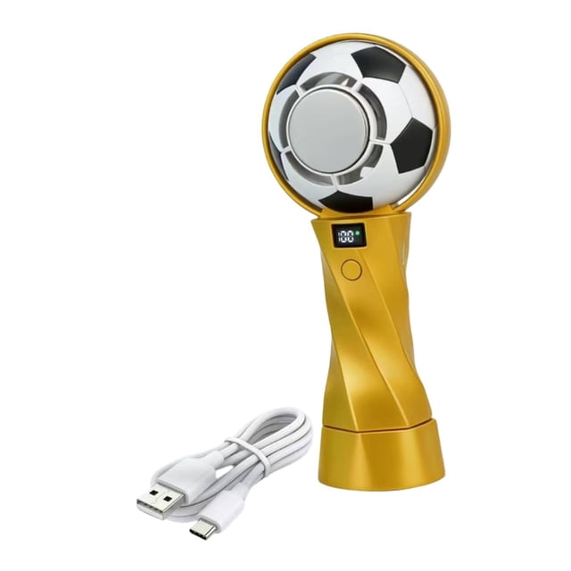 Ventilador turbo portátil de mano con forma de balón de fútbol para exteriores, viajes y oficina. Oro blanco