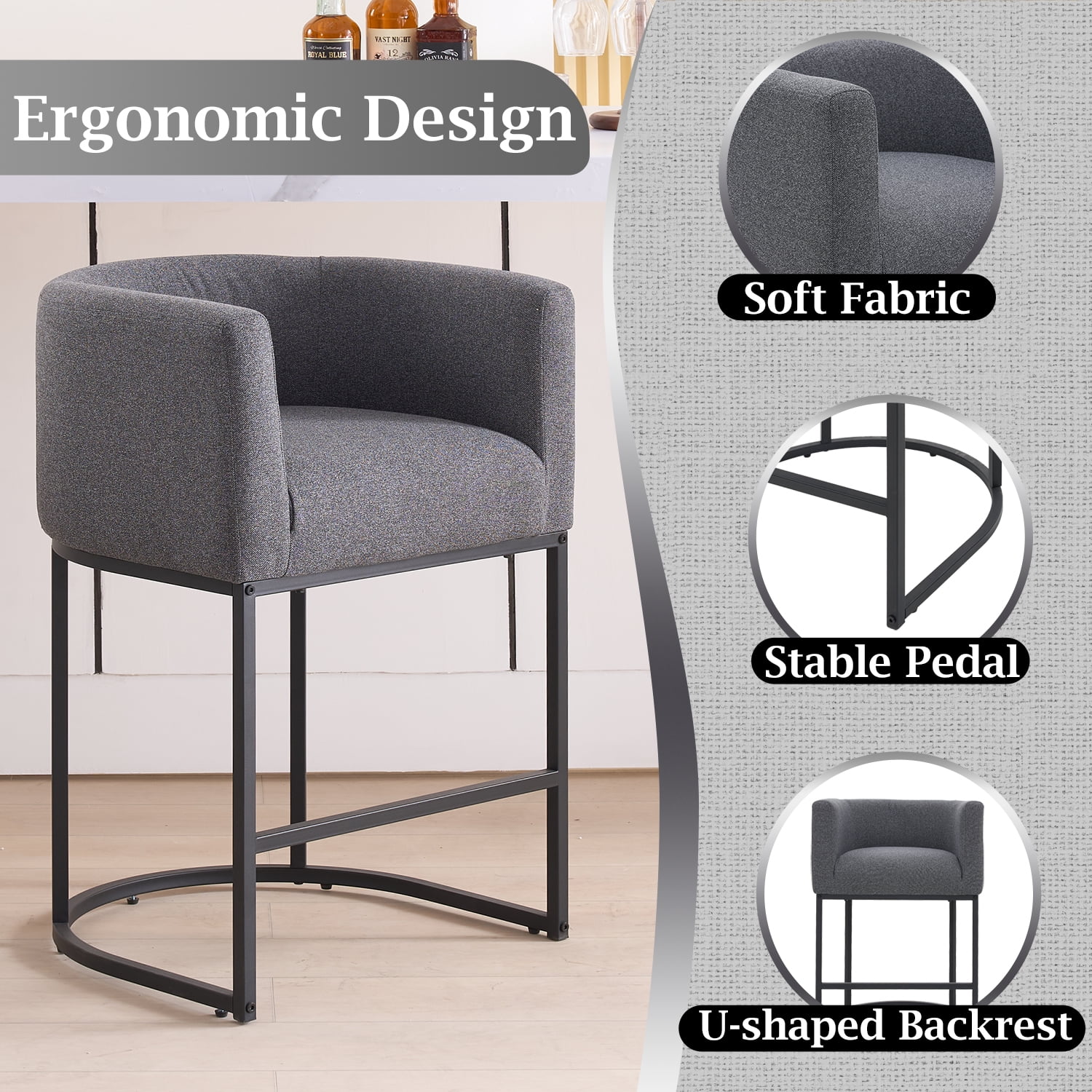 FANCROU 26" H Counter Height Bar Stools Set of 2, Fabric Barrel Stools with Back and Arms, Darkgray-Black Leg