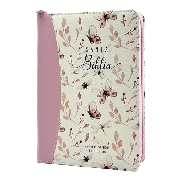 Biblia Reina Valera 1960 tamaño portátil Letra Grande 11 puntos Imitación Piel lila mariposas rosa. Con cierre e índice. Canto pintado.