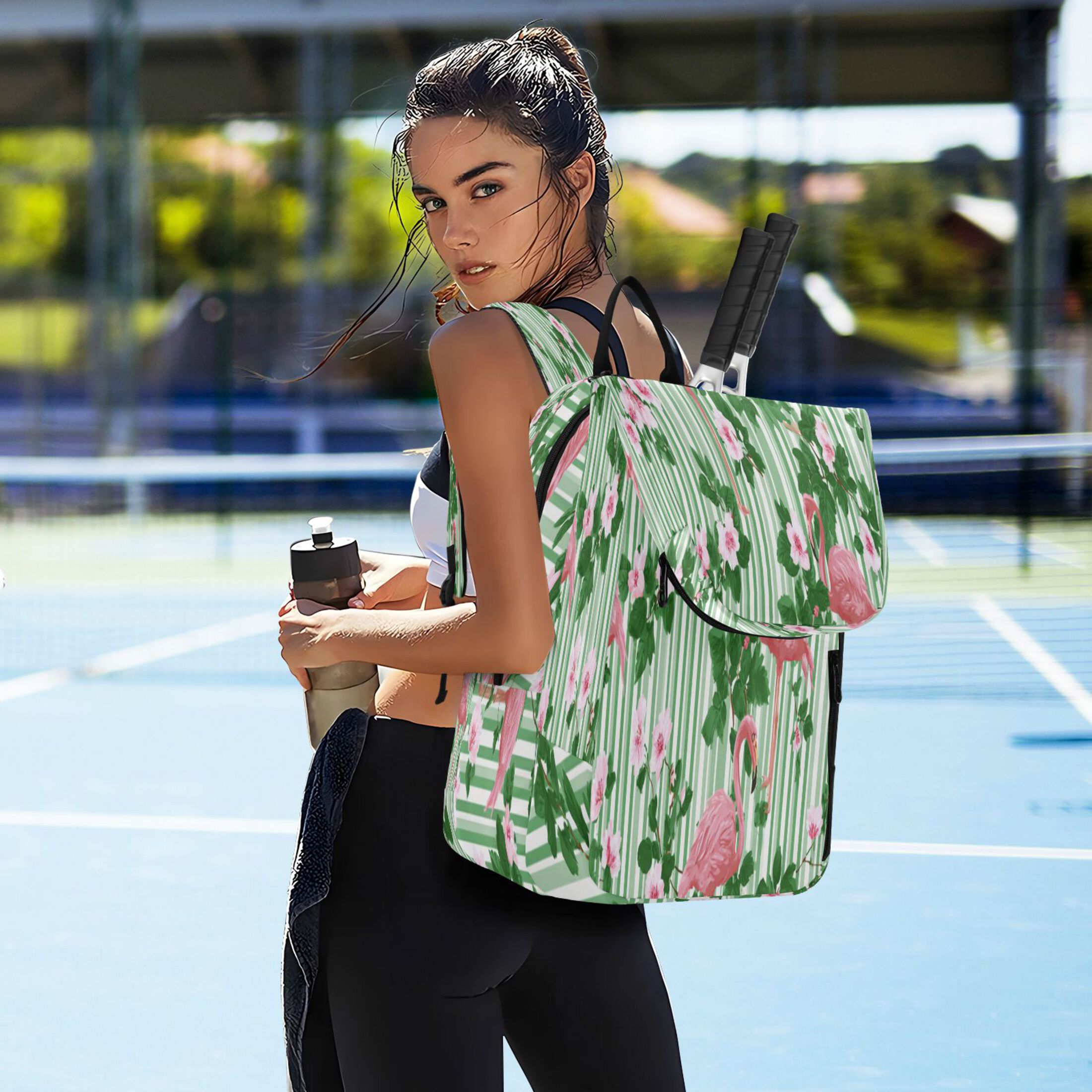 2 Racquet Holder Tennis Backpack Tennis Racket Covers Gym Bags Flamingos at Rest