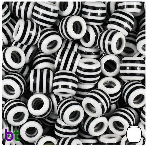 BeadTin White & Black Striped 11mm Barrel Resin Beads (50pcs)