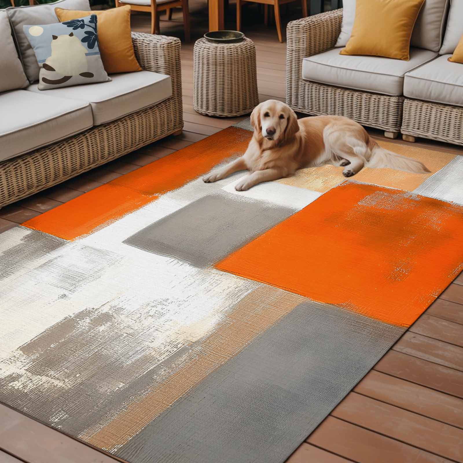 Fsddascl Burnt Orange Grey Outdoor Rug for Patio/Deck/Porch, Non-Slip Large Area Rug 4 x 6 Ft, Modern Oil Painting Art Abstract Indoor Outdoor Rugs Washable Area Rugs, Reversible Camping Rug Carpet