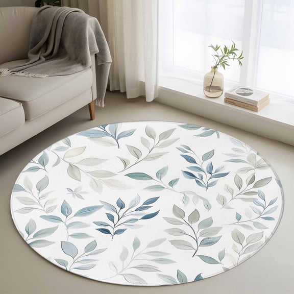 Blue Teal Botanical Round Area Rug 4 FT, Non Slip Indoor Outdoor Rug, Watercolor Spring Summer Leaves Washable Soft Circular Carpet Non-Shedding Floor Mat for Coffee Table Nursery Foyer Balcony
