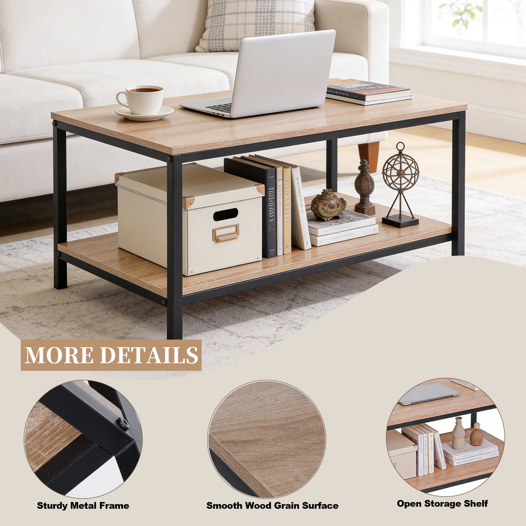 HomGarden Industrial Rectangle Wood Coffee Table Metal Cocktail Table, Natural