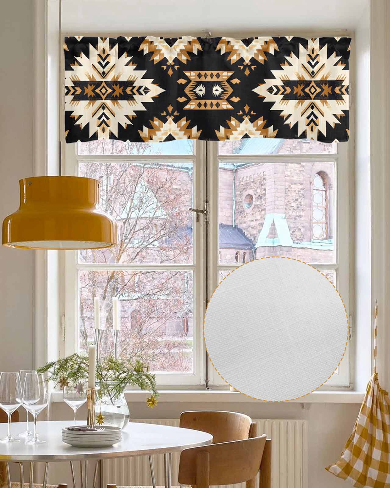 Southwestern Aztec Kitchen Valances for Windows Farmhouse Linen Window Valance Curtain for Living Room Window Treatment Retro National Style Brown Abstract Valance Rod Pocket Topper, 60 x 18 Inch