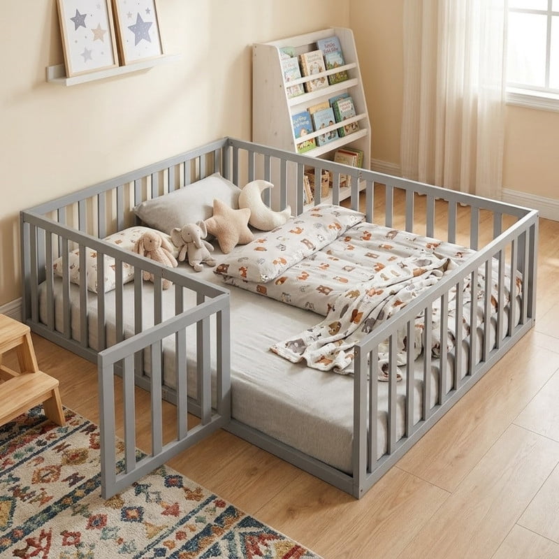 Full Size Floor Bed Platform Bed with Fence and Door, Wooden Montessori Bed Toddler Bed Kids Playhouse Bed with Guardrails for Boys Girls, No Slats