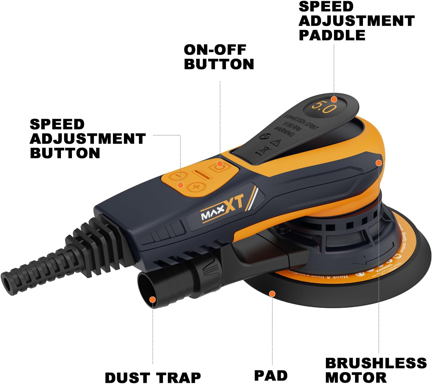 MAXXT Electric Palm Random Orbital Sander with Brushless Motor, 5&6Inch Sanding Pads, Central Vacuum, Sanders for Woodworking