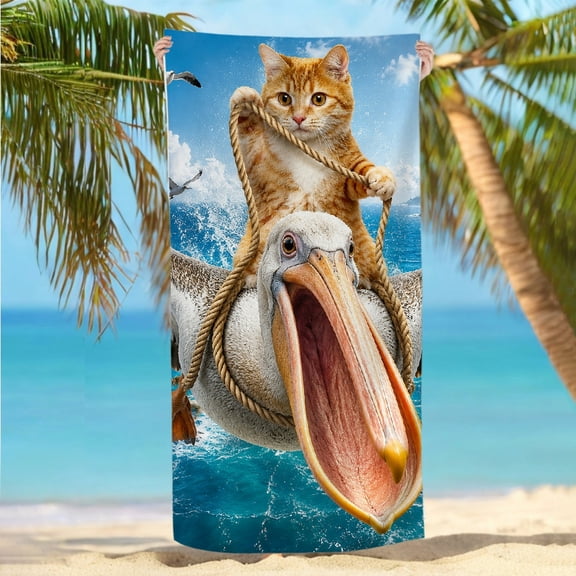 RKSupls Quickly Absorb Moisture Beach Towel - Cat Riding Pelican over Tropical Coast Print, Ultra-Soft Microfiber Ideal for Bathroom beach yoga