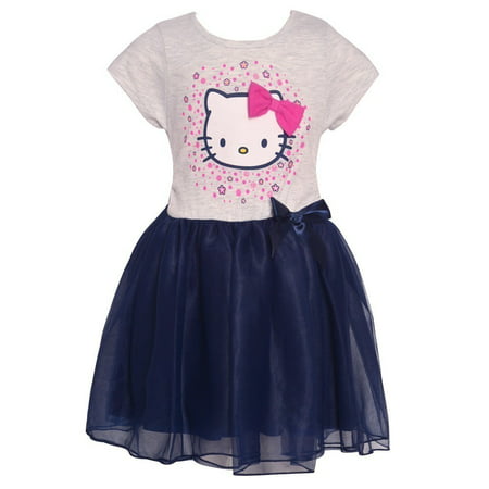 Hello Kitty Little Girls Gray Navy Ribbon Accent Short Sleeve Dress