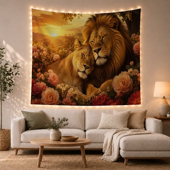 Lions Resting Among Roses at Golden Dusk, Peaceful Digital Art for Animal Lovers, Floral Wildlife Decor, Anniversary Gift, Tapestry Wall Hanging for Bedroom and Living Room