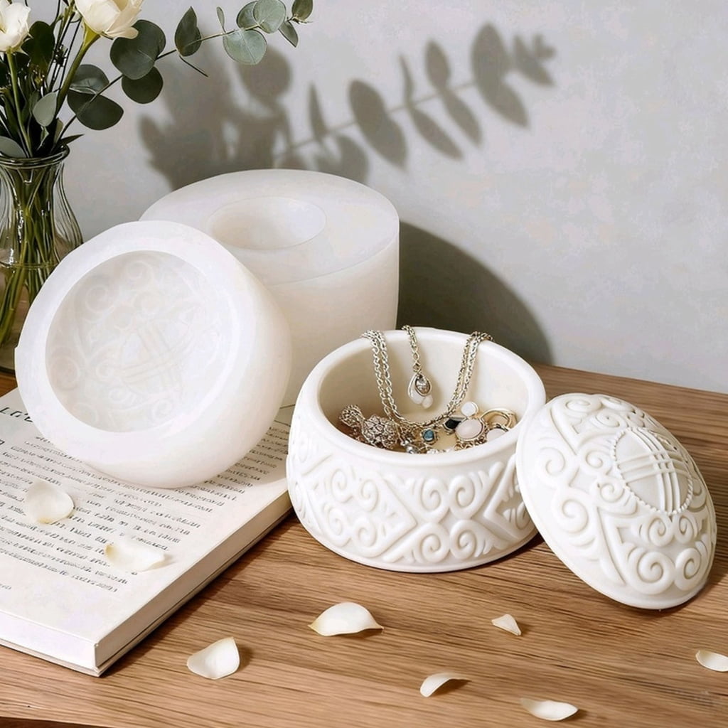 Geemin Embossed Resin Jar Molds with Lid Multipurpose Silicone Candle Mould for Candle Cup Jewelry Case Holiday Decoration