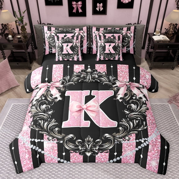Homewish Glitter Monogrammed K Twin Bedding Sets 7-Piece, Bling Stripes Lines Bedding Comforter Set, Modern Fashion Diamond Reversible Sheet Sets, Luxury Bedroom Decor