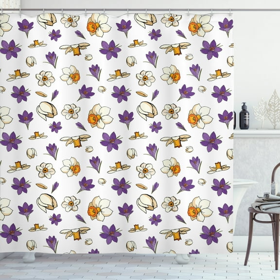 Floral Shower Curtain, Digitally Generated Flowers Crocuses and Narcissus Scattered, Fabric Bathroom Set with Hooks, 69W X 75L Inches Long, Violet Orange Beige Charcoal Grey, by Ambesonne