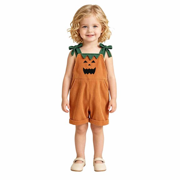 Shadoumai Halloween Romper Pumpkin Face Strappy Romper For Girls, Casual Cute Jumpsuit For Halloween Party Daily Clothes Romper