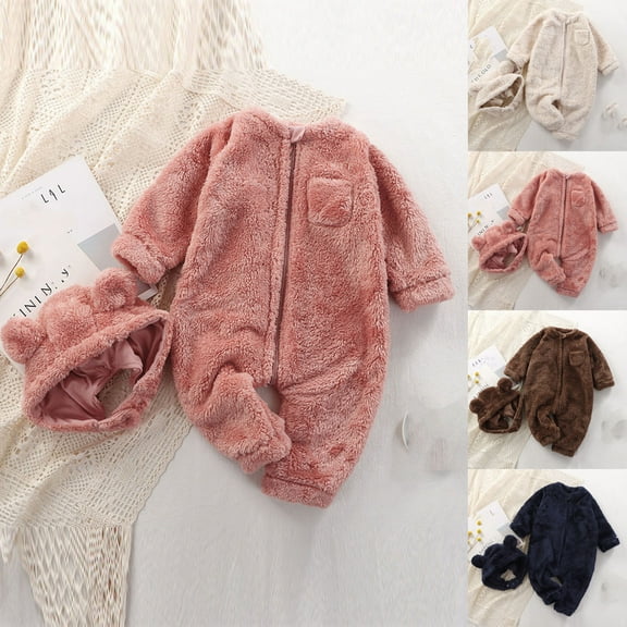 Hvobtty Toddler Long Sleeved Warm Rompers, Toddler Winter Rompers, Toddler Kids Girls Boys Long Sleeve Solid Color Warm Round Neck Jumpsuit Romper Beige 6-9 Months