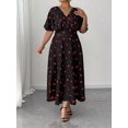 thumbnail image 5 of Womens Black Heart Print V-Neck Short Sleeve Casual Midi Dress, 5 of 7