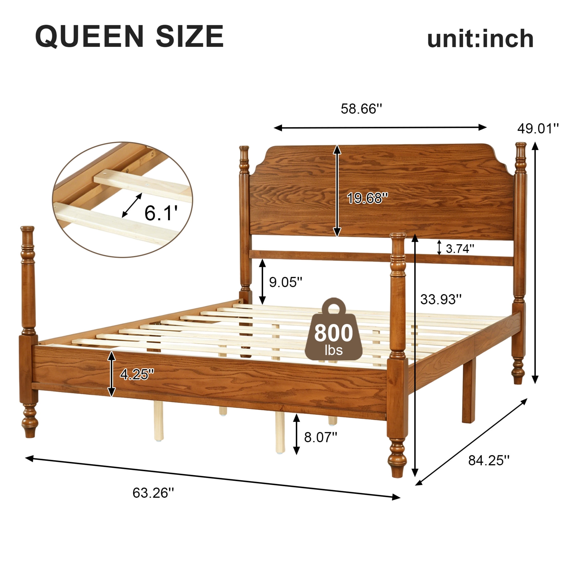 Noble House Queen Spindle Platform Bed with Headboard, Traditional Wood Bed Frame, Light Walnut