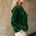 thumbnail image 3 of ClodeEU Women V Neck Ruffle Trim Long Sleeve Velvet Blouse,Casual Elegant Loose Dressy Shirt Army Green,Women's Plus L, 3 of 5