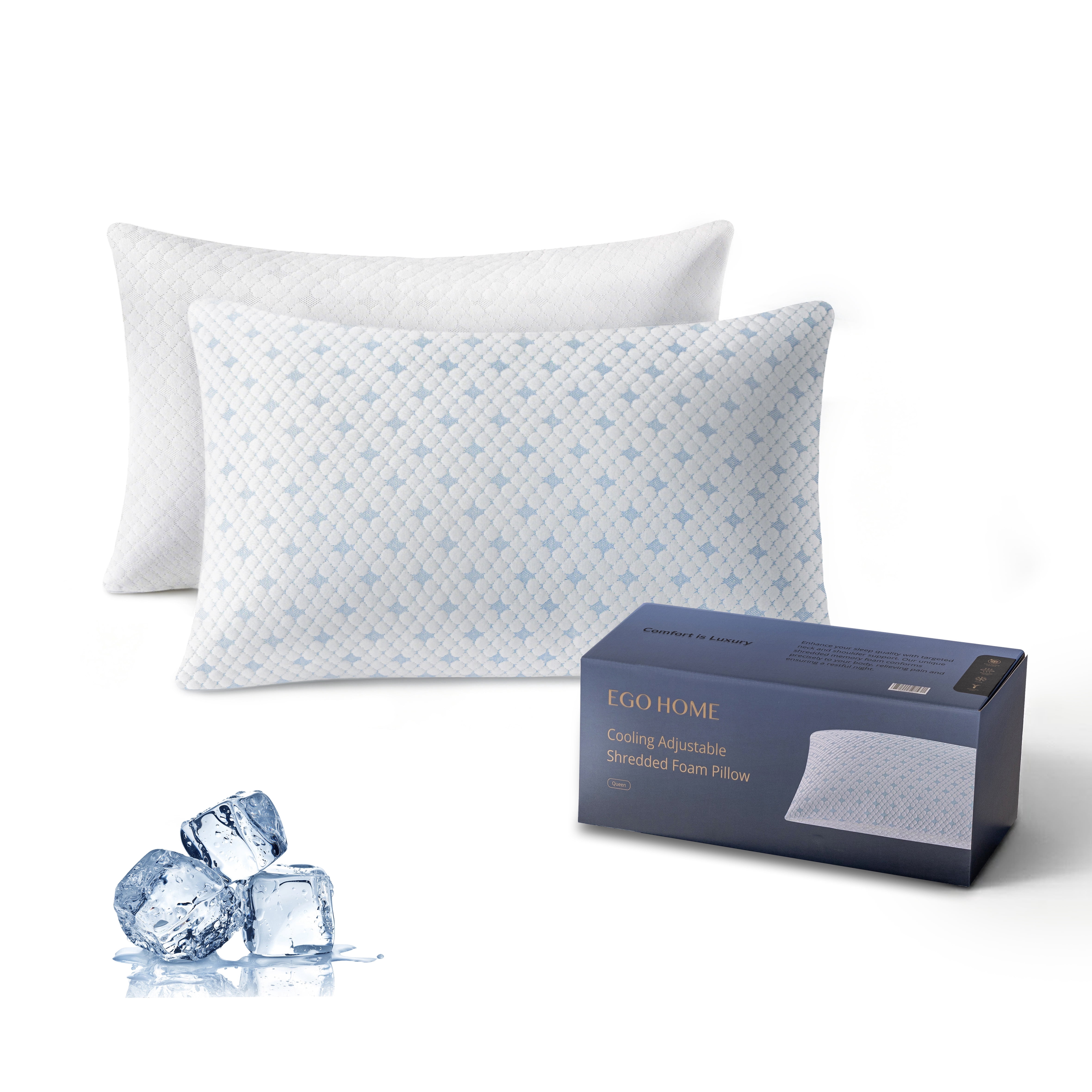 EGOHOME 2-Pack Adjustable Cooling Bed Pillows, Shredded Memory Foam Pillows Set of 2, Standard Queen, Dual Sides