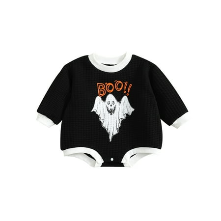 

Seyurigaoka Newborn Baby Girl Boy Halloween Romper Tops Boo Ghost Print Sweatshirt Bodysuits Waffle Knit Crewneck Oversized Pullovers