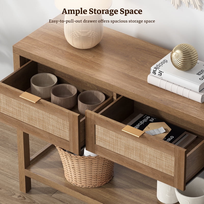 Surmoby Rattan Console Table with 2 Drawers,Boho Wood Entryway Table Hallway Table with Open Storage Shelf,Narrow Sofa Table for Foyer,Living Room and Corridor(Oak,2PCS)