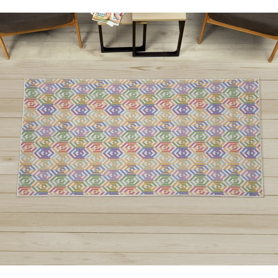 Geometric Decorative Rug, Abstract Cubes Isometric Hexagonal Shaped Pattern Colorful Retro Design Print, Quality Carpet for Bedroom Dorm and Living Room, 6 Sizes, Pale Green, by Ambesonne