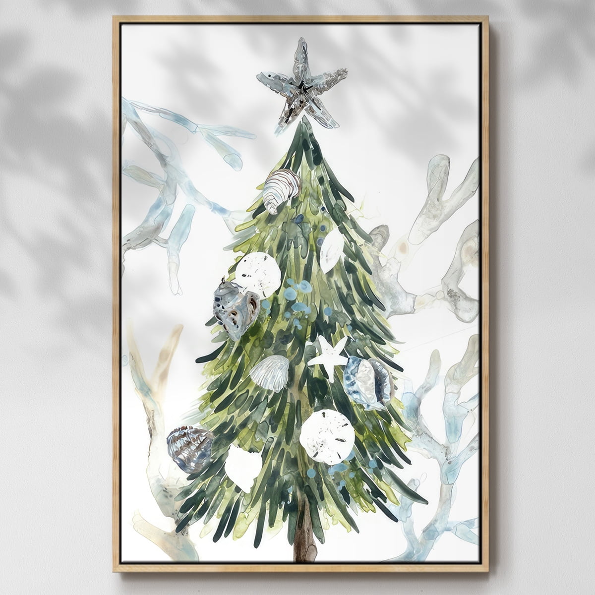 Coastal Christmas Shell Collection B - Framed Gallery Wrapped Holiday Canvas - 17 x 25 - Natural Wood Frame