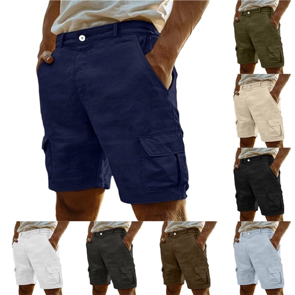 Havenre Linen Cargo Shorts for Men Loose Regular Fit Casual Button Elastic Waist Twill Shorts Lightweight Beach Vacation Hawiian Short Pants with Mulit-Pockets Blue M
