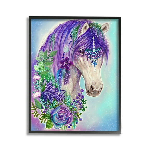 Stupell Industries Horse with Floral Garland Animals & Insects Painting Black Framed Art Print Wall Art, 11 x 14