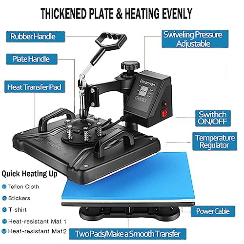 AKEYDIY 5 in 1 Heat Press Machine for t Shirts Professional Swing Away Heat Press Digital Combo 12" x 15" 360-degree Rotation Shirt Press Machine Sublimation Heat Transfer for T Shirts Mug Hat Plate