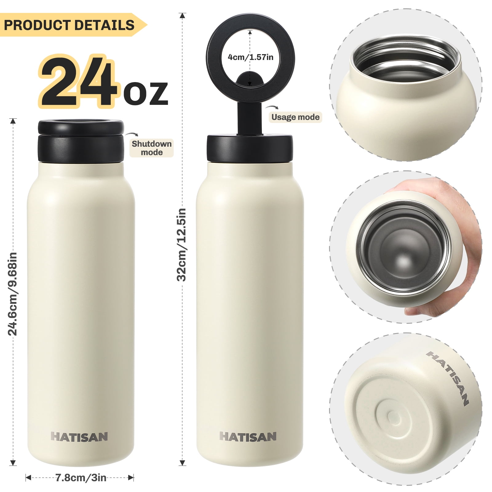 Hatisan 24 oz Insulated Water Bottle, Magnetic Stainless Steel Water Bottle, with Mobile Phone Holder Tripod, Hot for 12H, Cold for 24H(Beige)