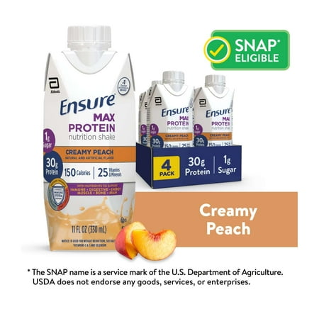 ub 9/1/26 ensure max protein nutrition shake, creamy peach, 11 fl oz, 4 count