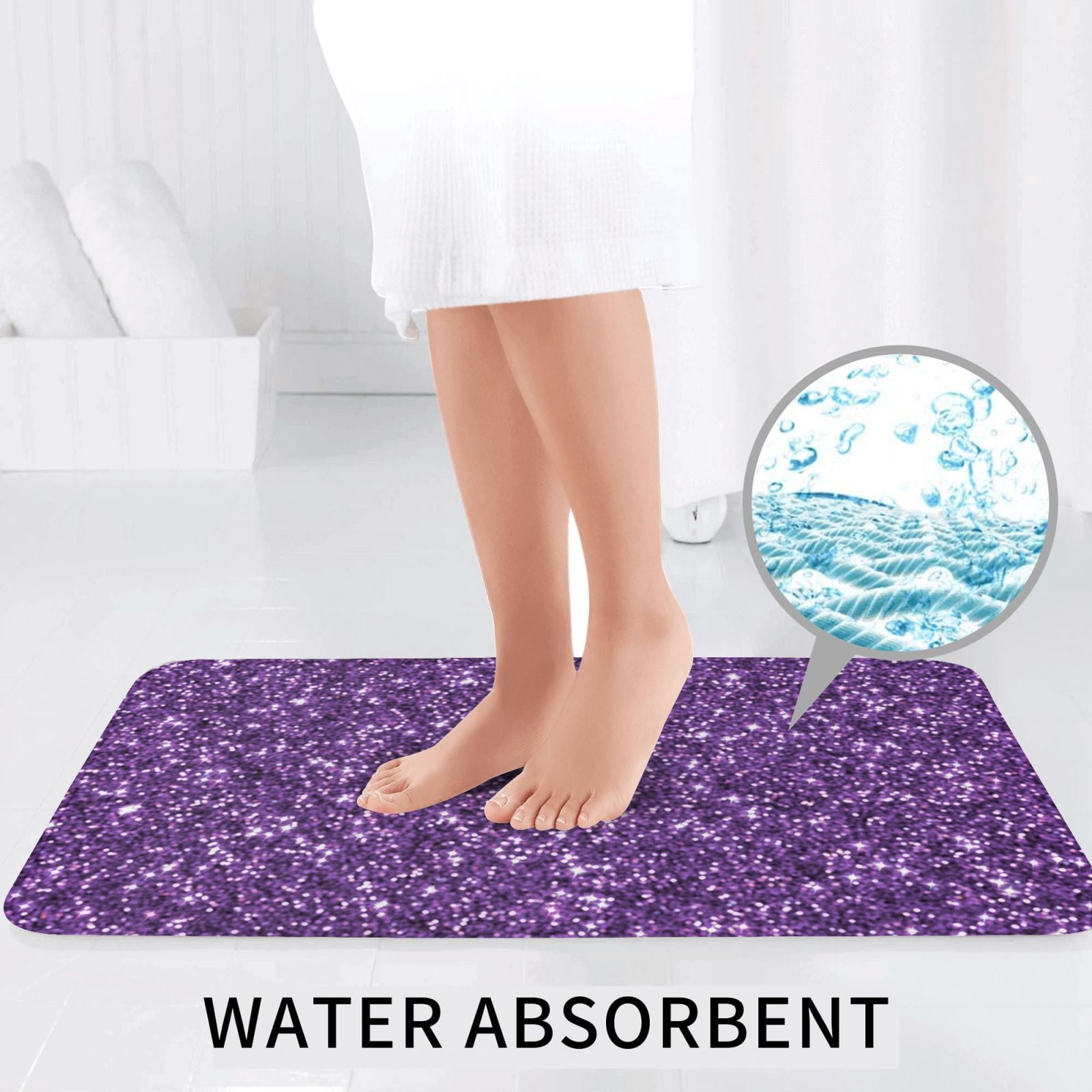 Bathroom Rugs Sets 3 Piece - Purple Glitter Absorbent Non Slip Bath Mats, U-Shape Toilet Lid Cover, Contour Mat, Soft Washable Shower Mats Bath Rug Mat for Bathroom Tub Toilet