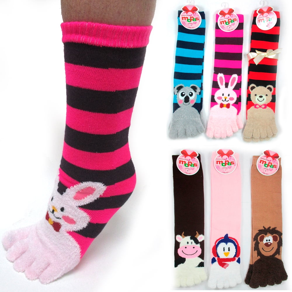 ToeSox 1 Pair Calf Length Funny Feet Animal Women's Striped Toe Socks Size 9-11 