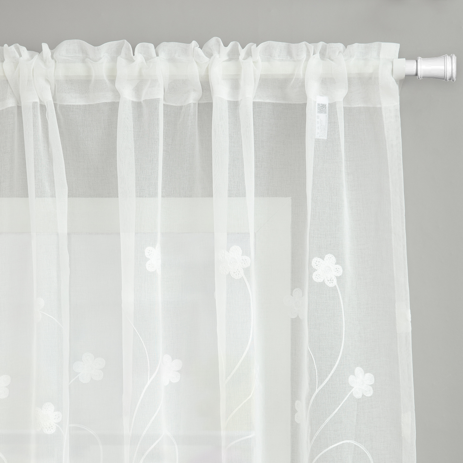 VOGOL Decor White Flower Embroidered Sheer Curtain Panels Set of 2, Farmhouse Airy Voile Sheer for Bedroom, 52x96 inches, Rod Pocket