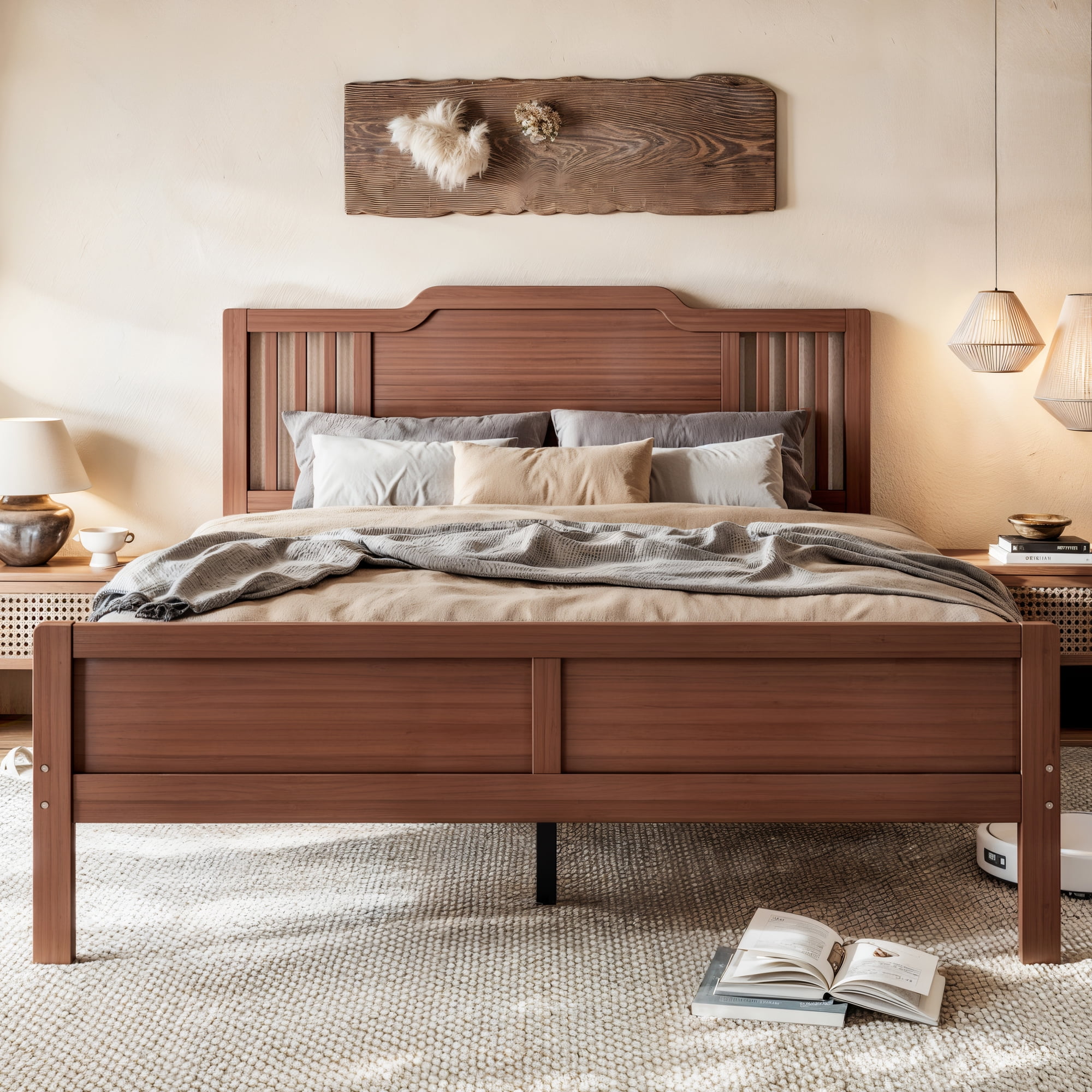 Leumius Full Size Platform Bed with Tall Headboard, Solid Wood Bed Frame with Support Slats for Bedroom,Guest Rooms, Apartments,Easy Assembly,Brown