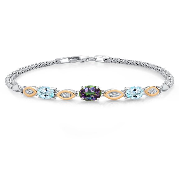 925 Silver and 10K Yellow Gold Green Mystic Topaz and Sky Blue Topaz and White Lab Grown Diamond Bracelet for Women (2.06 Cttw, Gemstone November Birthstone, Oval, Wheat Chain, 6.5 inches)